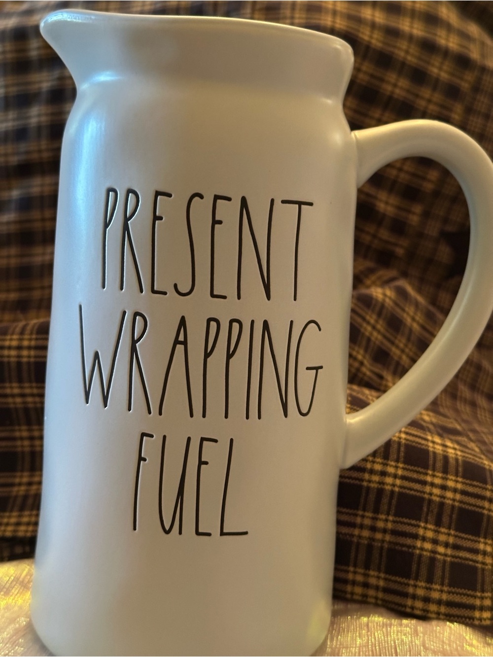 Rae Dunn White Pitcher with Black Lettering 'PRESENT WRAPPING FUEL'